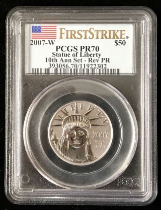 2007 - W First Strike Tenth Anniversary Reverse $50 Platinum Sol Pr70 Pcgs photo