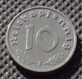 Old Coin Nazi Germany 10 Reichspfennig 1942 F Stuttgard Swastika World War Ii photo
