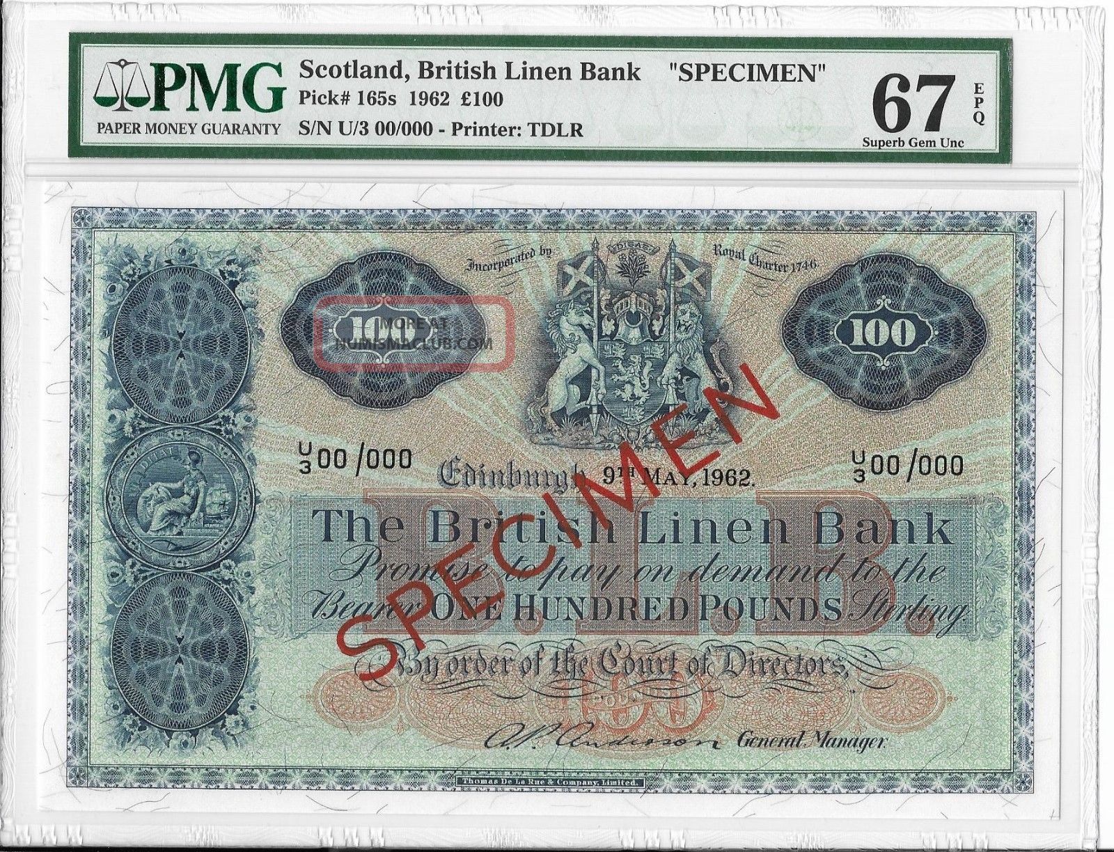 Scotland, British Linen Bank - 100 Pounds, 1962. Specimen. Pmg 67epq. Rare.