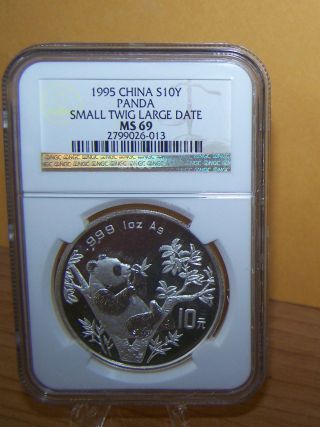 1995 China 1 Oz.  Small Twig Large Date Silver Panda - - Ngc Ms 69 - - 10 Yuan photo