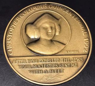 1992 Columbus Quincentennial Jewish Expulsion Bronze Medal 81g 57mm - - Gorgeous photo