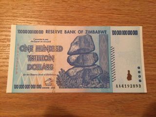 100 Trillion Dollars Zimbabwe Banknote Uncirculated 2008 Aa Series photo