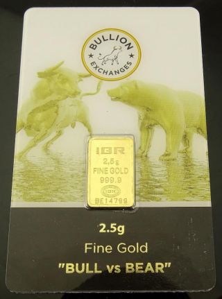 2.  5 Gram Bullion Exchanges Bull Vs Bear 999.  9 Fine Gold Bar In Assay Card photo