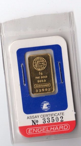 Engelhard 5 Gram.  999 Fine Gold Encased With Assay 33502 photo