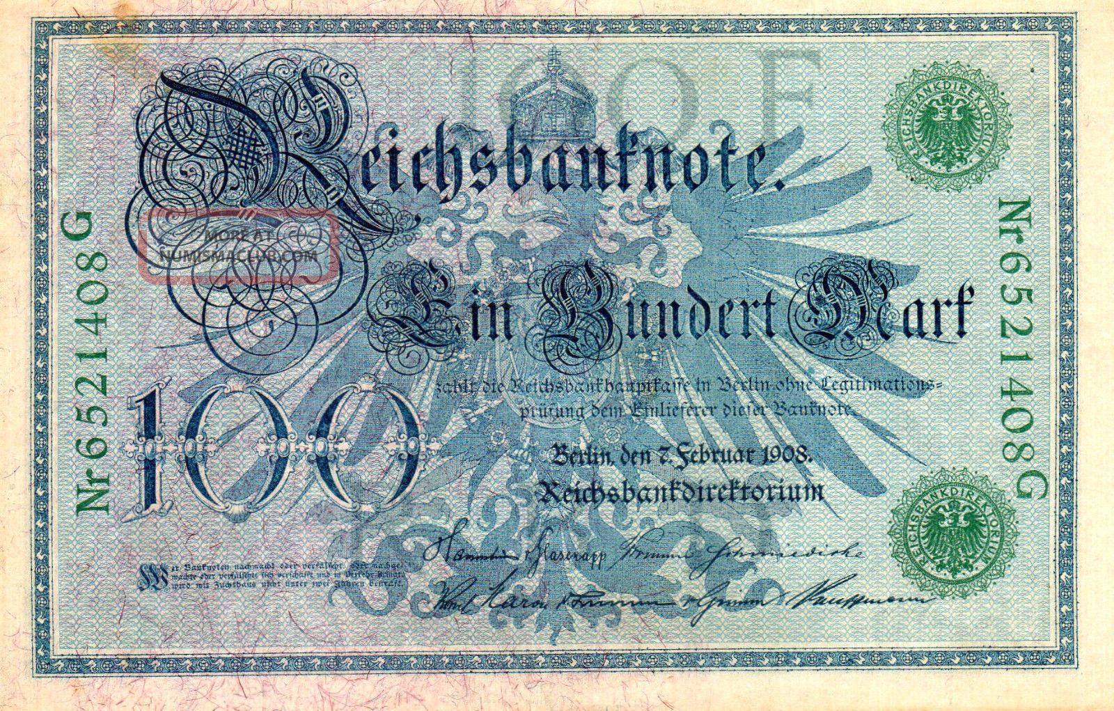 Xxx - Rare German 100 Mark Empire Banknote From 1908 Green No.  Unc ? Europe photo