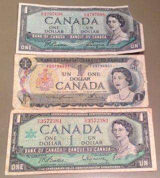 3 X Canada $1 Dollar Bills - Three Different Types - 4797698 photo