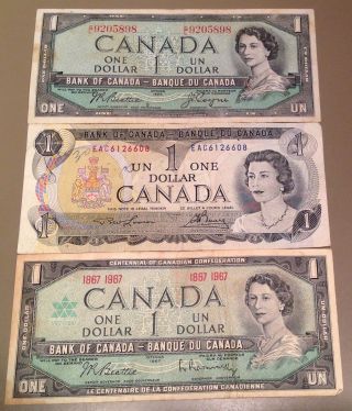 3 X Canada $1 Dollar Bills - Three Different Types - 9205898 photo