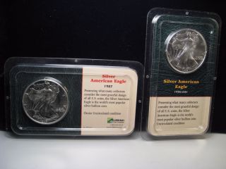 2 Unc Us Silver American Eagle Dollar.  Sae.  1999 & 1987.  Little Holders. photo