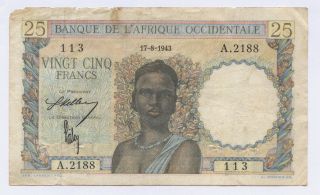French West Africa,  25 Francs,  17 - 08 - 1943 photo
