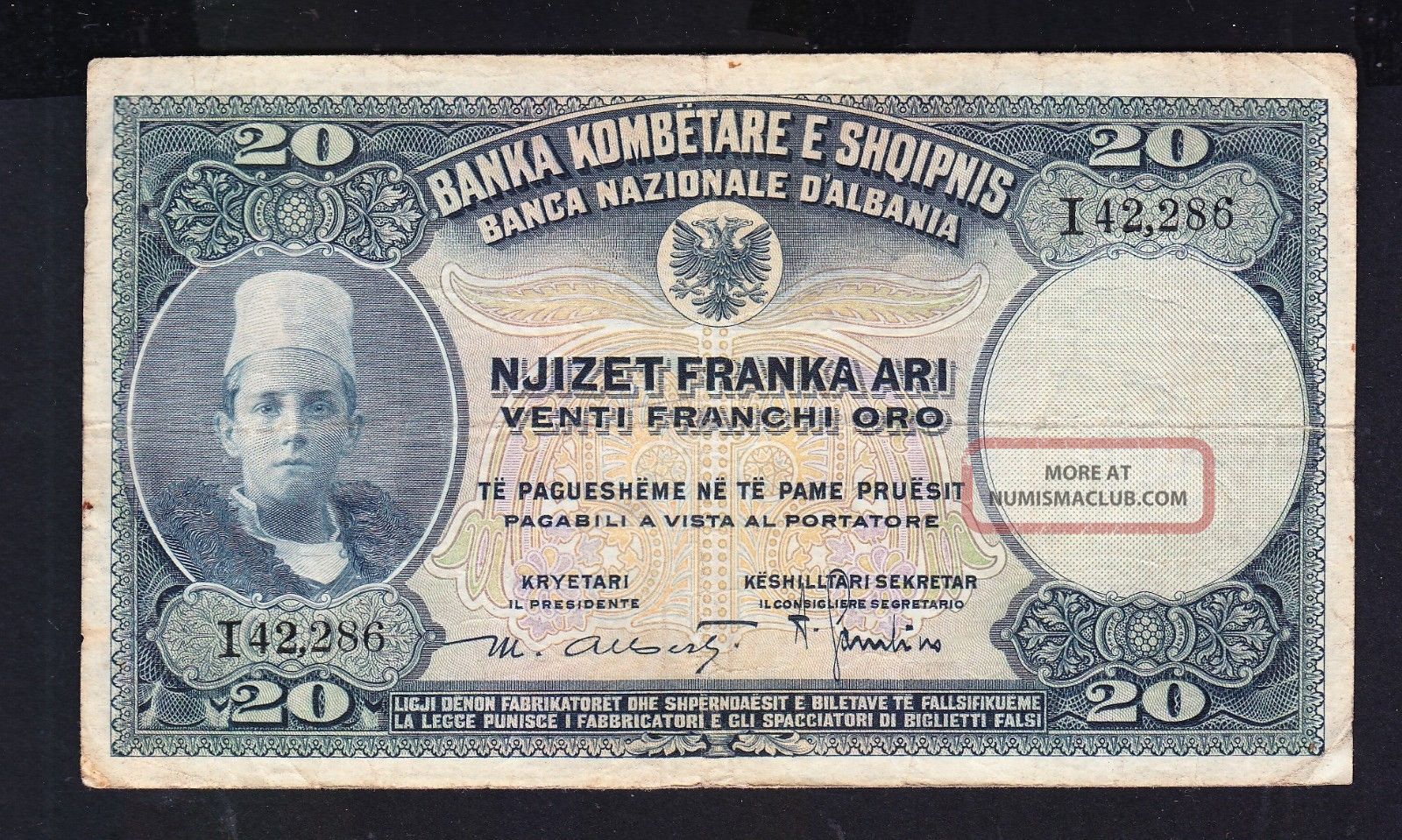 1926 Albania Paper Money,  20fr.  Ar.  Sign Alberti R2. Europe photo