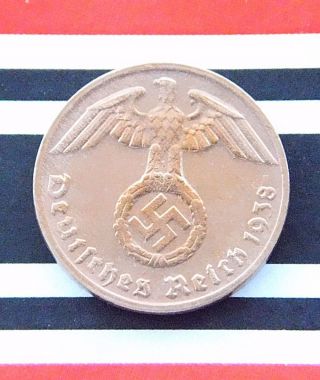 Rare German Coin 1 Reichspfennig 1938 G Copper Third Reich Swastika 3rd Nazi Ww2 photo