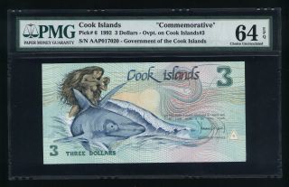 1992 Cook Islands P 6 3 Dollars Commemorative Pmg 64 Choice Unc Sn Aap017020 photo