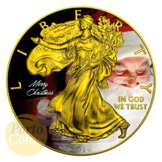 2016 1$ 1 Oz Silver Eagle Christmas Walking Liberty Box & 24k Gold photo