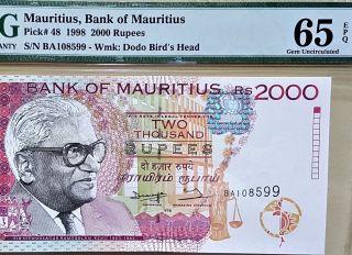Mauritius,  2000 Rupees,  1998,  Pick 48,  Pmg 65 Epq Gem Unc,  Error Withdrawn,  Rare. photo
