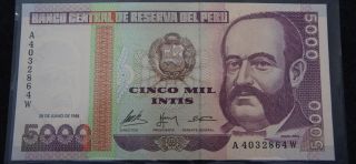 1988 5000 Intis Peru Bank Note In Unc Extremely Note photo
