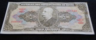 1964 Brazil 5 Cruzeiros Bank Note In Vf Extremely Note photo