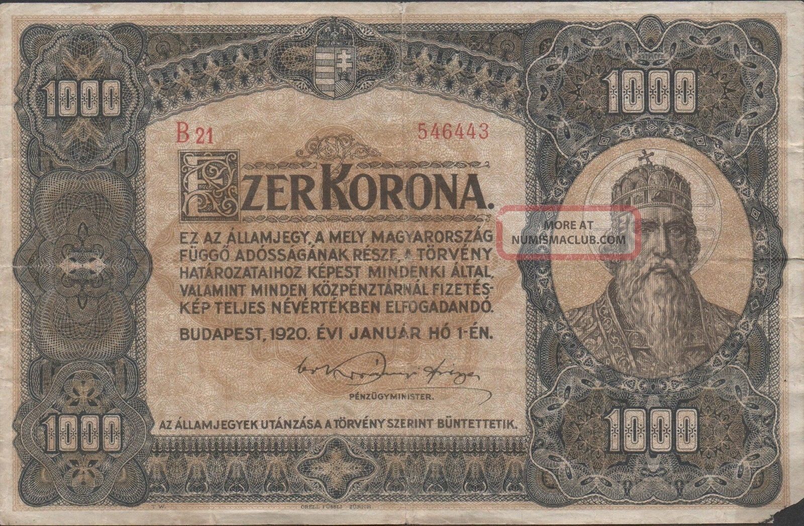 Hungary 1000 Korona 1.  1.  1920 P 66a Series B 21 Circulated Banknote Europe photo
