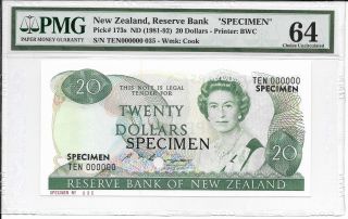 Zealand,  Reserve Bank - $20,  Nd (1981 - 92).  Specimen (tdlr).  Pmg 64.  Rare. photo