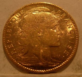 France 1907 Gold 10 Francs Unc Rooster photo