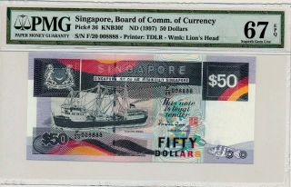 Board Of Comm.  Of Currency Singapore 50 Nd (1997) S/no.  008888 Pmg 67epq photo