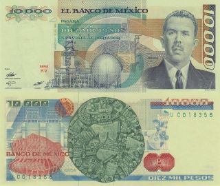 Mexico 10000 Pesos (19.  7.  1985) - P89b Series Kv/prefix U Unc photo