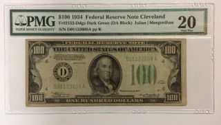 $100 1934 Frn Pmg20 Cleveland Fr 2152 - Ddgs Dark Green Da Block Julia |morgenthau photo