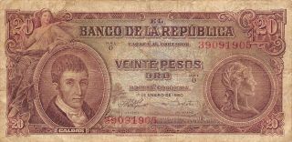 Colombia 20 Pesos Oro 1.  1.  1960 Series O Circulated Banknote S12m photo