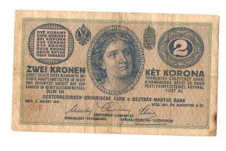 1914 Ww1 Hungary 2 Korona Banknote photo