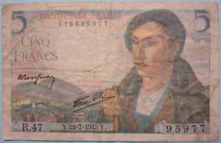 Billets Français,  Cinq 5 Francs,  Banque De France 1943,  Fayette 22.  7 photo
