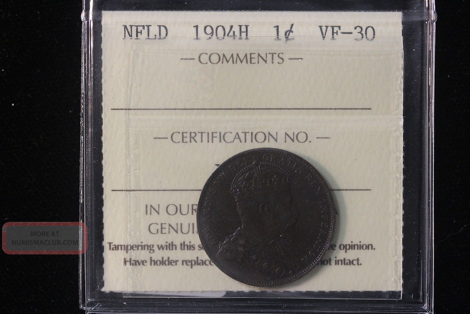 1904 H Canada / Newfoundland.  Large Cent.  Iccs Graded Vf - 30.  (xmi371) Coins: Canada photo