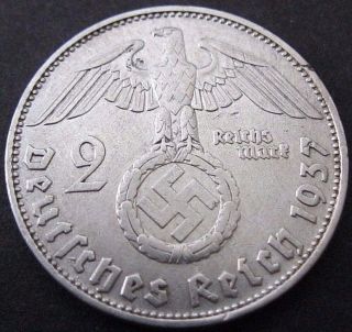Wwii German 1937 - D 2rm Reichsmark 3rd Reich Silver Nazi Coin (rl 373) photo