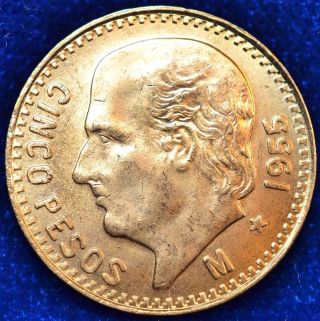 1955 Mexican 5 Peso Gold Coin Bu, .  1205 Oz.  Agw photo