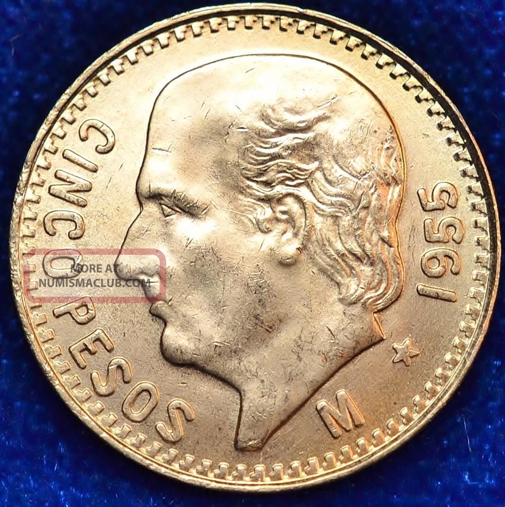 1955 Mexican 5 Peso Gold Coin Bu 1205 Oz Agw