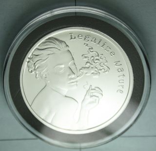 1 Troy Ounce 2015 Legalize Nature Cannabis Silver Shield Round.  999 Fine photo