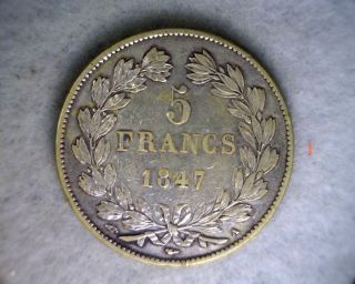 France 5 Francs 1847 Very Fine Large Silver Coin (stock 0412) photo