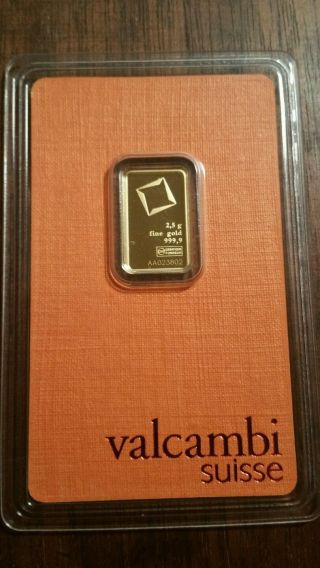 2.  5 Gram Gold Bar - Valcambi Suisse - 999.  9 Fine In Assay photo