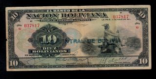 Bolivia 10 Bolivianos (1929) G Pick 114 Fine Banknote. photo