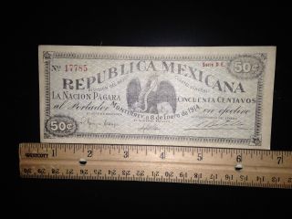 50 Cent (rare) 1914 Mexican Revolution Paper Bill,  Over A Century Old photo