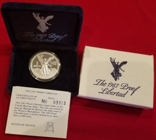 1987 Proof 1 Ounce.  999 Pure Silver Onza Mexico,  Ultra Low Mintage Only 12,  000 photo