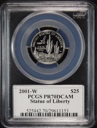 2001 - W Platinum $25 Statue Of Liberty 1/4 Oz Eagle Pcgs Pr70dcam Mercanti photo