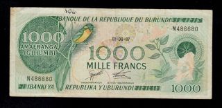 Burundi 1000 Francs 1987 N Pick 31c Fine Banknote. photo