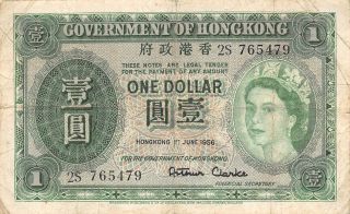 Hong Kong $1 1.  6.  1956 P 324ab Series 2s Circulated Banknote,  A11 photo
