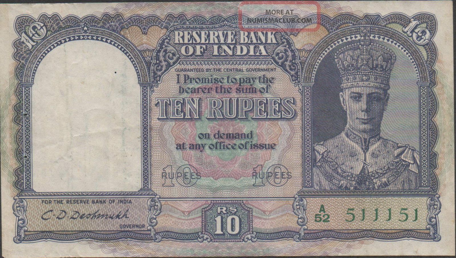 India,  10 Rupees,  Nd.  1943,  P 24,  Prefix A/52,  Rare,  Kg.  G.  Vi Asia photo