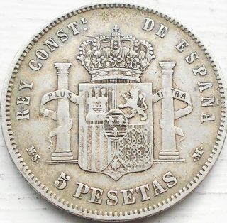 . 900 Silver 1885 Ms - M Spain 5 Pesetas Km 688 Grade Alfonso Xii Toned 731 photo