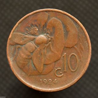 Italy 10 Centesimi 1924,  Km60,  Italia Animal Coin - Bee,  Exact Item Pictured. photo