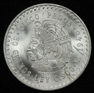 1948 Cinco 5 Pesos Silver Coin - Unc photo