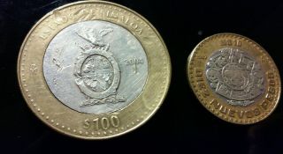 2004 Bimetallic 100 Pesos Silver Center Coin Sinaloa And 1992 10 Pesos Silver. photo