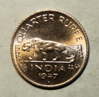 British India 1/4 Rupee 1947 - B Brilliant Uncirculated Coin - Indian Tiger photo