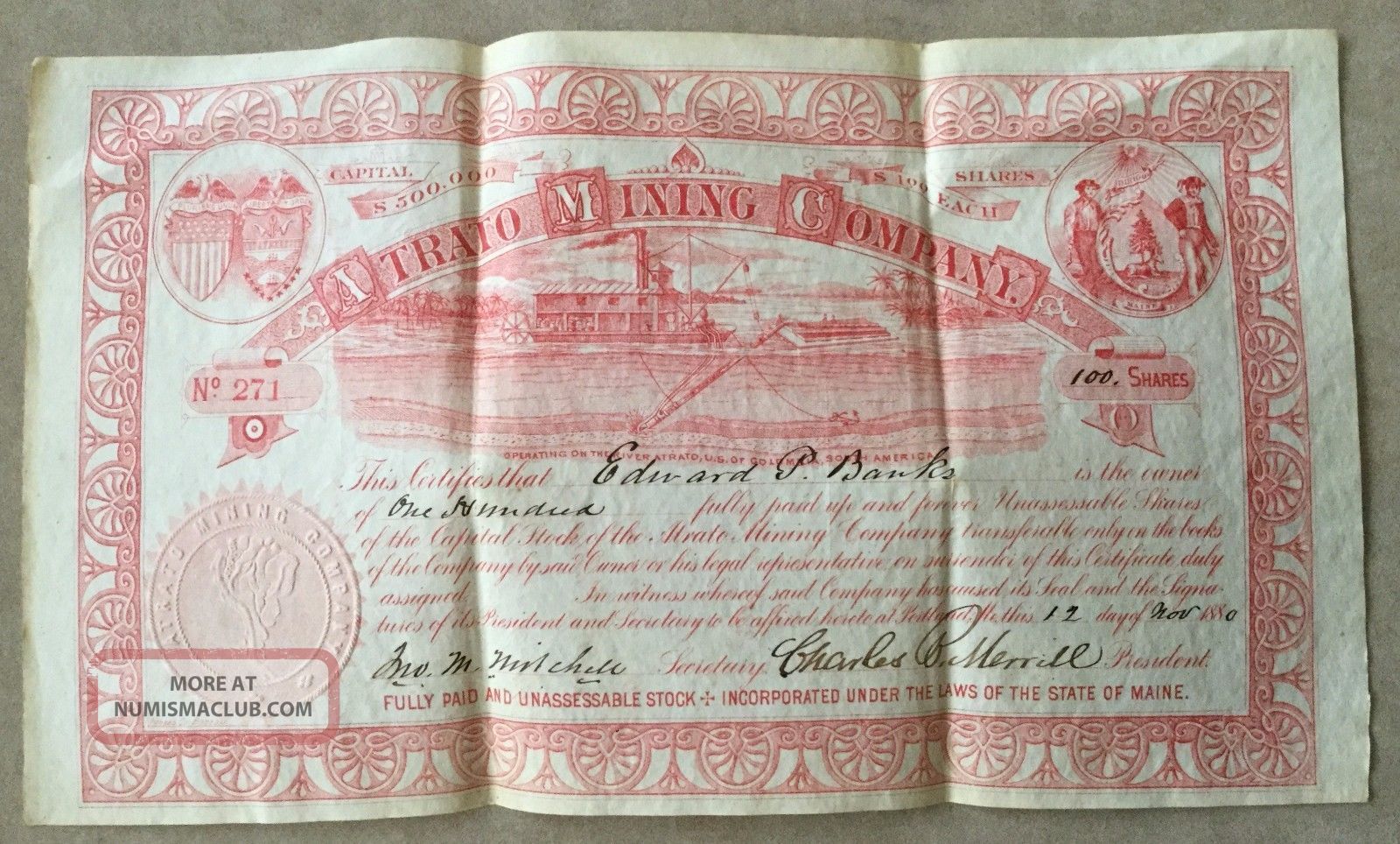 1880 Stock Certificate Atrato Mining Company Portland,  Maine Gold Dredge Stocks & Bonds, Scripophily photo