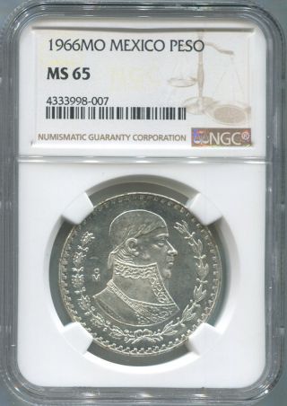 1966 Mo Mexico Peso Silver,  Mexico City,  Ngc Ms65 photo